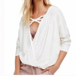 Free People White Linen Blend Double Knot Open Front Boho Blouse Size Large L